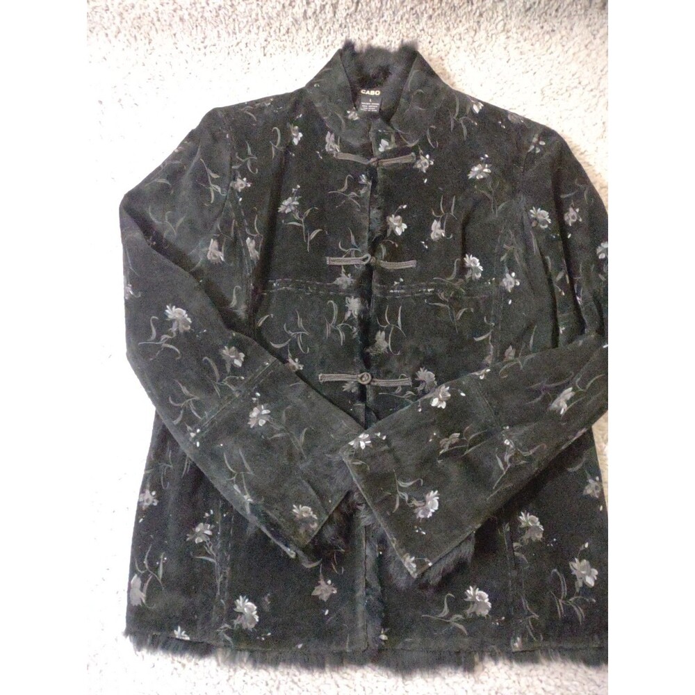 Cabo Womens Black Leather Faux Fur Trim Floral Rope Button Goth Mob Wife